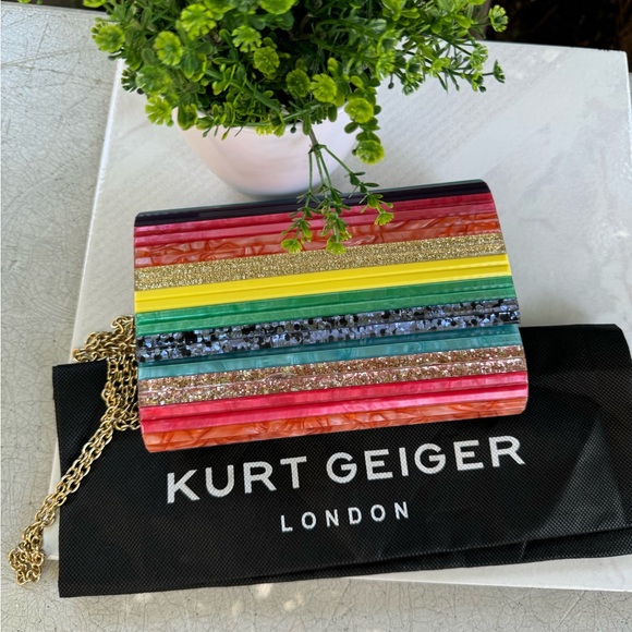 KURT GEIGER LONDON PARTY CLUTCH BAG new with dust bag rainbow paneled pe… - Picture 8 of 11